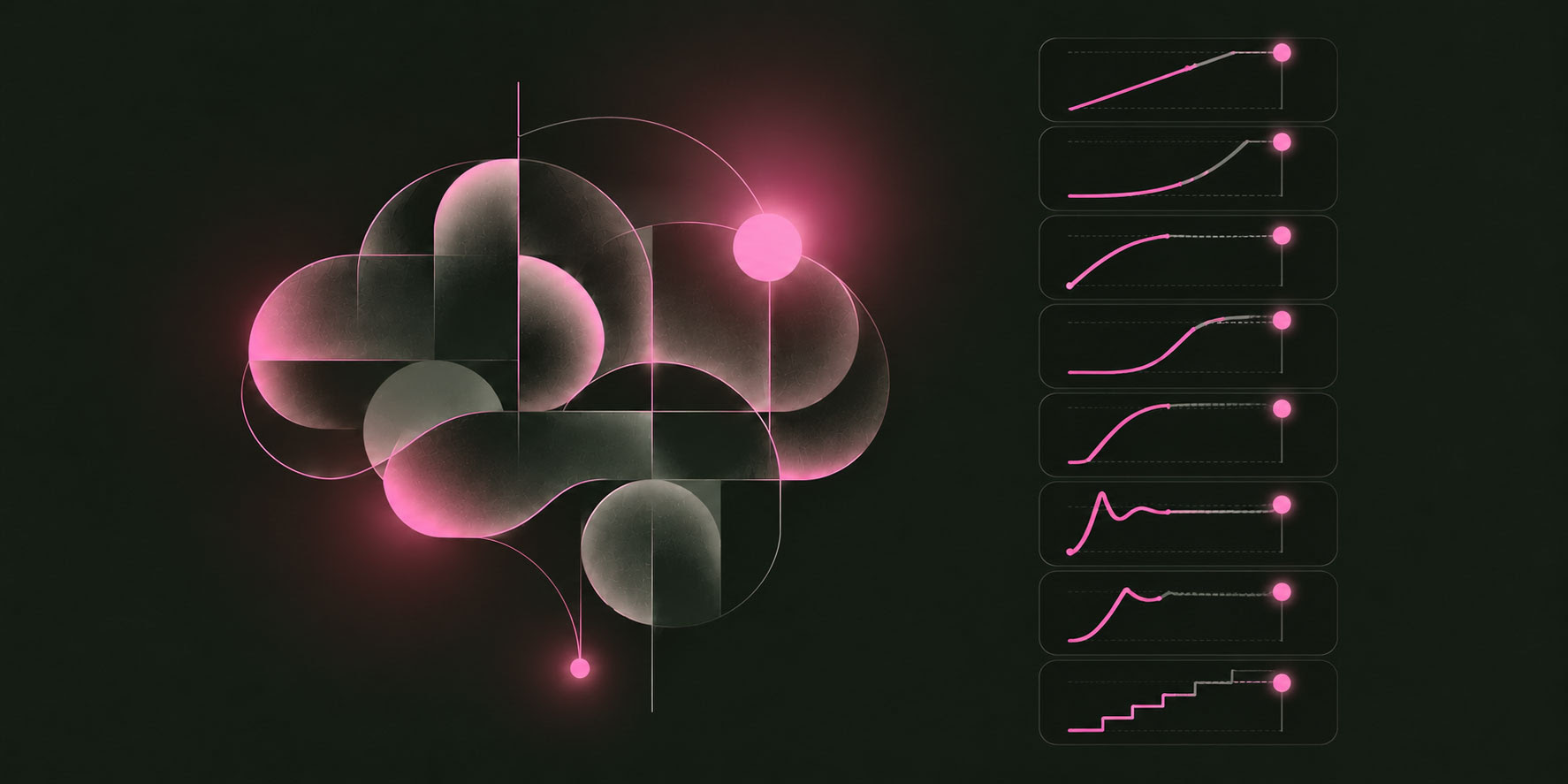 A glowing pink brain illustration beside eight easing curves, the artwork for our AI and animation posts